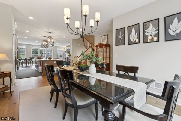 Chandelier, Dining room, Interior, Recessed Lighting, Wood Texture Flooring