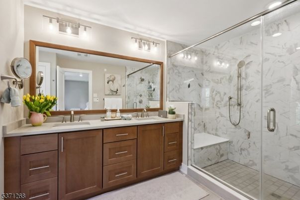 Bathroom, Dual Sink Vanities, Glass Shower, Interior, Marble Walls