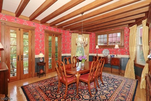 Chandelier, Dining room, Interior, Wooden Beams, Wood Texture Flooring