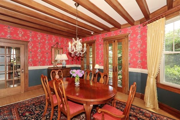 Chandelier, Dining room, Interior, Wooden Beams, Wood Texture Flooring