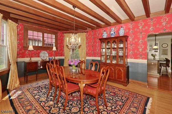 Chandelier, Dining room, Interior, Pendant Lights, Wooden Beams, Wood Texture Flooring