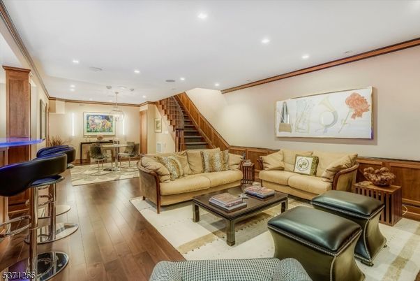 Dining room, Interior, Living room, Pendant Lights, Recessed Lighting, Wood Texture Flooring