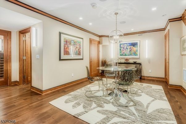 Dining room, Interior, Pendant Lights, Recessed Lighting, Wood Texture Flooring