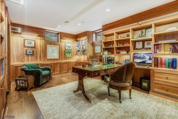Home Office, Interior, Recessed Lighting, Wood Texture Flooring, Wooden Walls