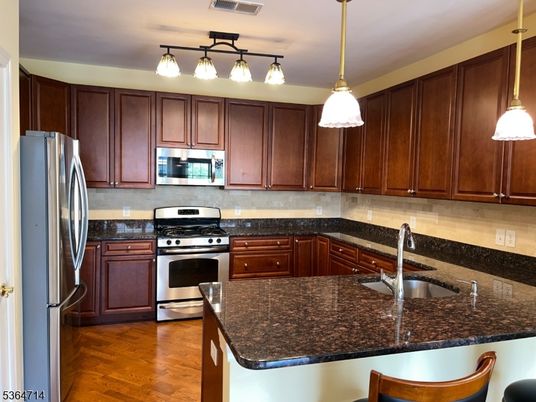 Interior, Kitchen, Pendant Lights, Stainless Steel Appliances, Wood Texture Flooring