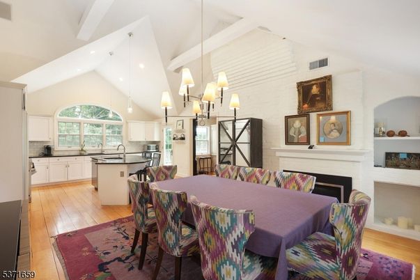 Chandelier, Dining room, Fireplace, Interior, Kitchen, Pendant Lights, Recessed Lighting, Wood Texture Flooring
