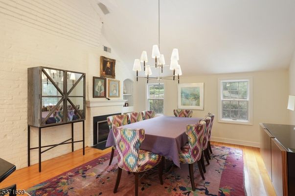 Chandelier, Dining room, Fireplace, Interior, Wood Texture Flooring