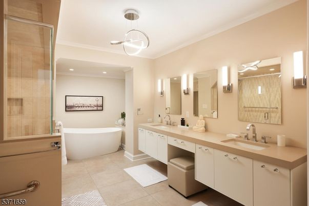 Bathroom, Dual Sink Vanities, Free Standing Baths, Interior, Pendant Lights, Recessed Lighting