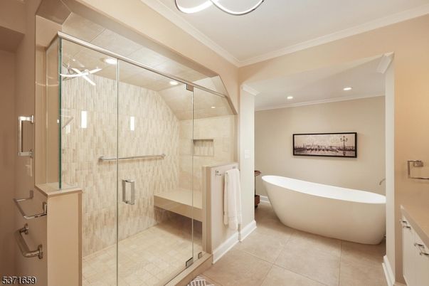 Bathroom, Free Standing Baths, Glass Shower, Interior, Recessed Lighting