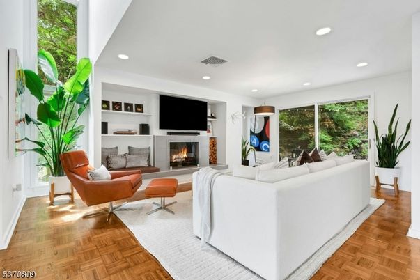 Fireplace, Interior, Living room, Recessed Lighting, Wood Texture Flooring