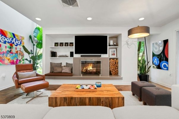 Fireplace, Interior, Living room, Recessed Lighting, Wood Texture Flooring
