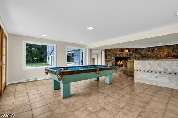 Billiard Table, Fireplace, Game Room, Interior, Recessed Lighting, Stone Walls