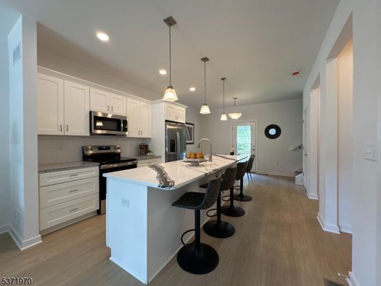 Interior, Kitchen, Pendant Lights, Recessed Lighting, Stainless Steel Appliances, Wood Texture Flooring
