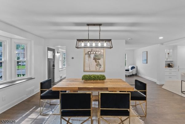Dining room, Interior, Pendant Lights, Recessed Lighting, Wood Texture Flooring