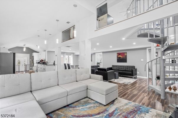 Interior, Living room, Pendant Lights, Recessed Lighting, Wood Texture Flooring