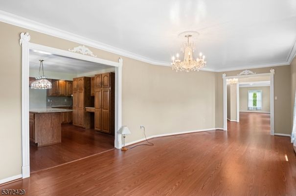 Chandelier, Empty room, Interior, Kitchen, Pendant Lights, Wood Texture Flooring