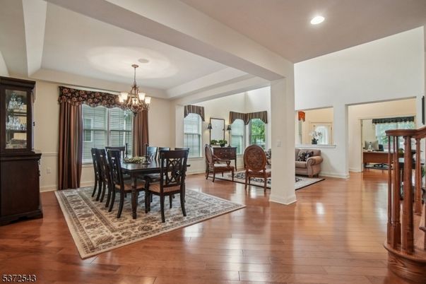 Chandelier, Dining room, Interior, Living room, Recessed Lighting, Wood Texture Flooring