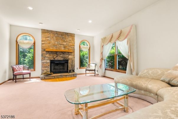 Fireplace, Interior, Living room, Recessed Lighting, Stone Walls