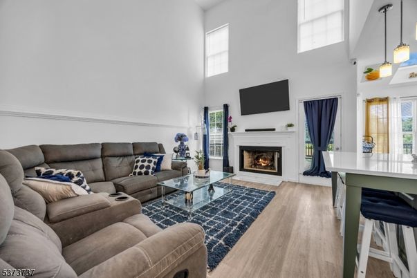 Fireplace, Interior, Living room, Pendant Lights, Wood Texture Flooring