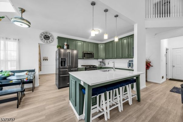 Interior, Kitchen, Pendant Lights, Stainless Steel Appliances, Wood Texture Flooring