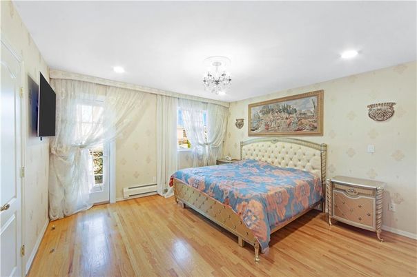 Bedroom, Chandelier, Interior, Recessed Lighting, Wood Texture Flooring
