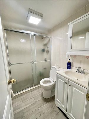 Bathroom, Glass Shower, Interior, Wood Texture Flooring