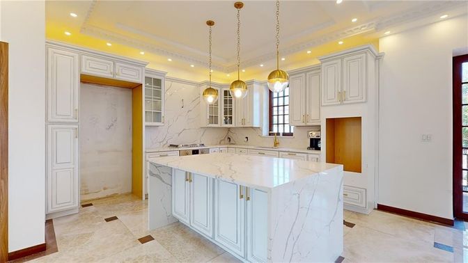 Interior, Kitchen, Marble Walls, Pendant Lights, Recessed Lighting