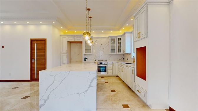 Interior, Kitchen, Marble Walls, Pendant Lights, Recessed Lighting, Stainless Steel Appliances