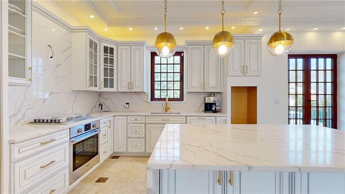 Interior, Kitchen, Marble Walls, Pendant Lights, Recessed Lighting, Stainless Steel Appliances