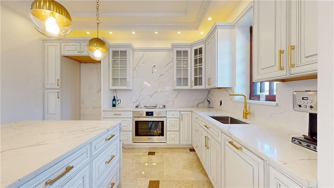 Interior, Kitchen, Marble Walls, Pendant Lights, Recessed Lighting, Stainless Steel Appliances