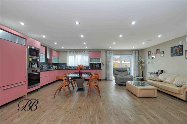 Dining room, Interior, Kitchen, Living room, Recessed Lighting, Stainless Steel Appliances, Wood Texture Flooring