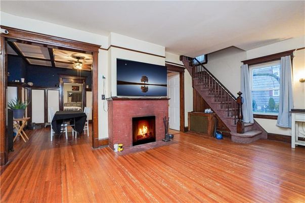 Dining room, Fireplace, Interior, Piano, Wood Texture Flooring