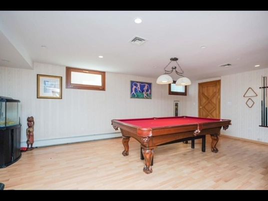 Billiard Table, Chandelier, Game Room, Interior, Recessed Lighting, Wood Texture Flooring