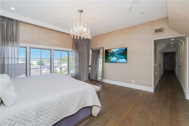 Bedroom, Chandelier, Interior, Recessed Lighting, Wood Texture Flooring