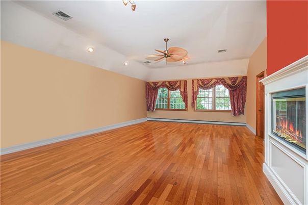 Empty room, Fireplace, Interior, Recessed Lighting, Wood Texture Flooring