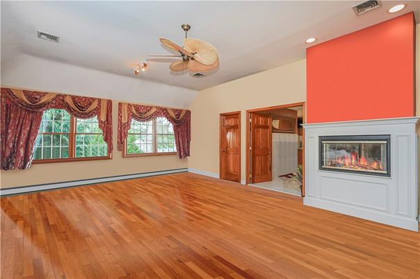 Empty room, Fireplace, Interior, Recessed Lighting, Wood Texture Flooring