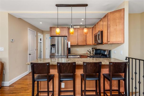 Interior, Kitchen, Pendant Lights, Recessed Lighting, Stainless Steel Appliances, Wood Texture Flooring