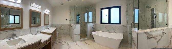 Bathroom, Dual Sink Vanities, Free Standing Baths, Glass Shower, Interior, Marble, Marble Walls, Recessed Lighting