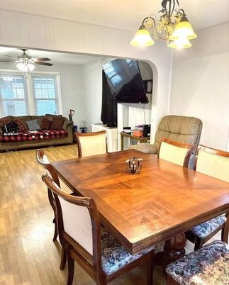 Dining room, Interior, Living room, Pendant Lights, Wood Texture Flooring