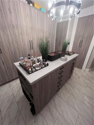 Bathroom, Chandelier, Dual Sink Vanities, Interior, Marble