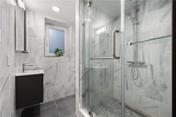Bathroom, Glass Shower, Interior, Marble Walls, Recessed Lighting