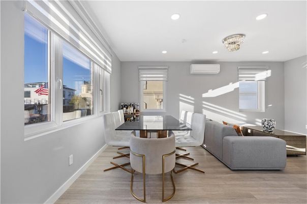 Dining room, Interior, Living room, Recessed Lighting, Wood Texture Flooring