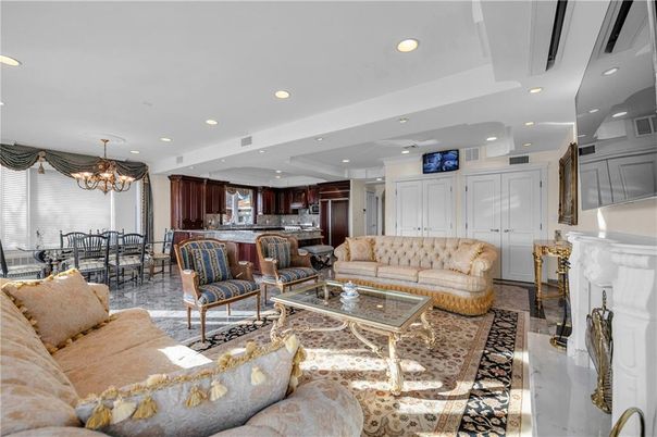 Chandelier, Dining room, Fireplace, Interior, Kitchen, Living room, Recessed Lighting, Stainless Steel Appliances
