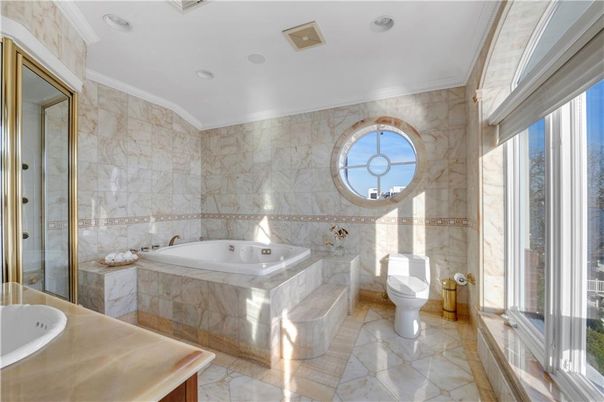 Bathroom, Glass Shower, Interior, Marble Walls, Recessed Lighting
