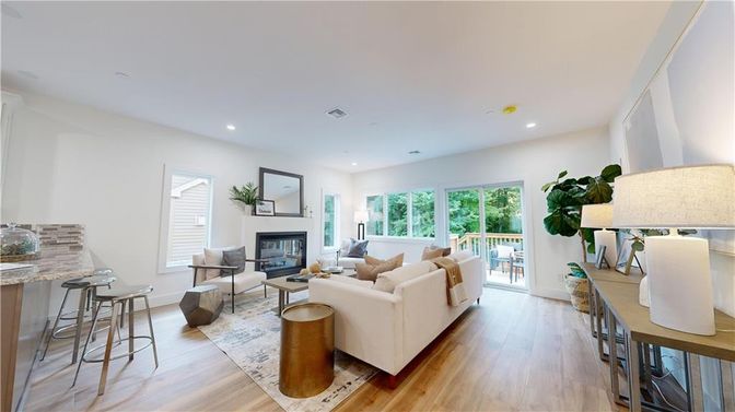 Fireplace, Interior, Living room, Recessed Lighting, Wood Texture Flooring