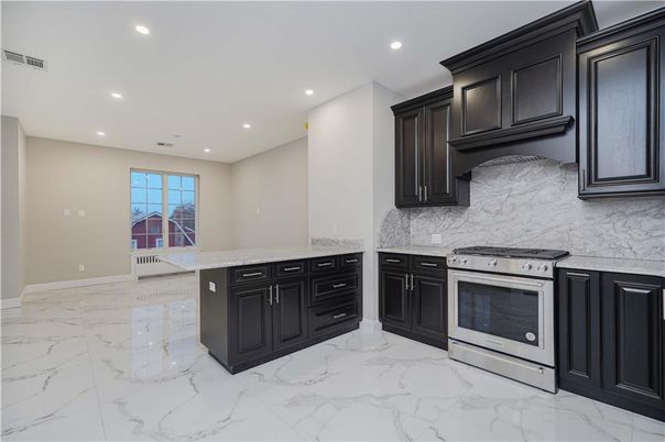 Interior, Kitchen, Marble, Recessed Lighting, Stainless Steel Appliances
