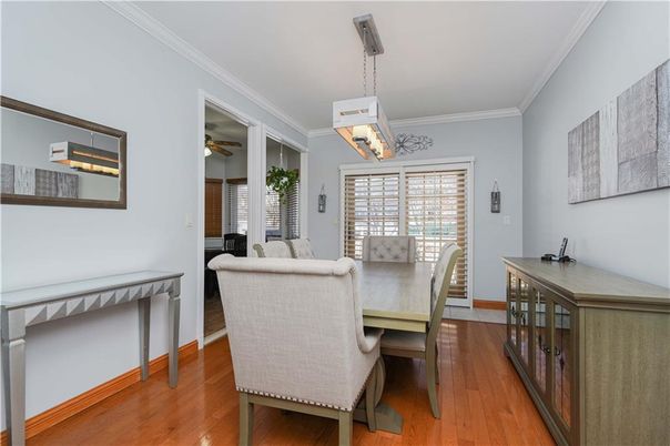 Dining room, Interior, Pendant Lights, Wood Texture Flooring