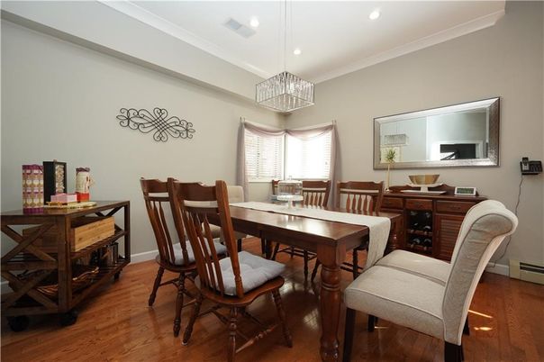 Dining room, Interior, Pendant Lights, Recessed Lighting, Wood Texture Flooring