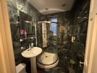 Bathroom, Glass Shower, Interior, Marble Walls, Recessed Lighting