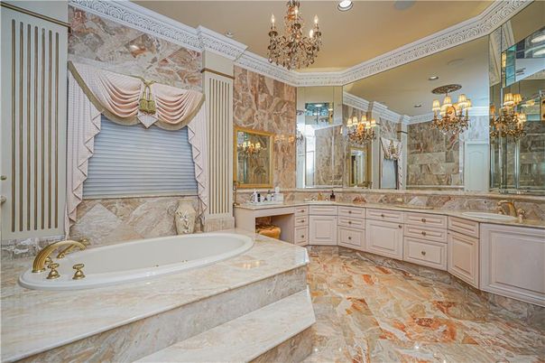 Bathroom, Chandelier, Dual Sink Vanities, Interior, Recessed Lighting